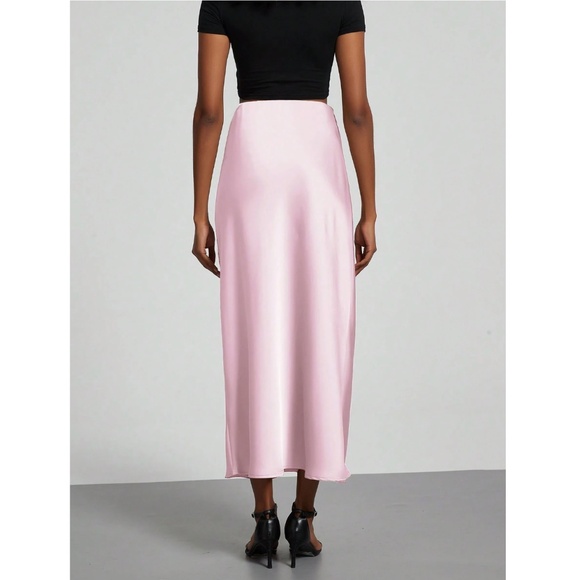 Pink Satin A-Line Skirt High Waisted Long - Picture 9 of 10